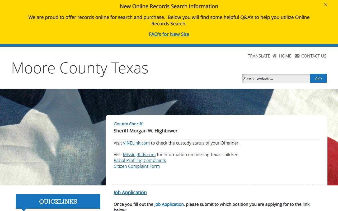Moore County inmate records sheriff page with VINELink custody status referral